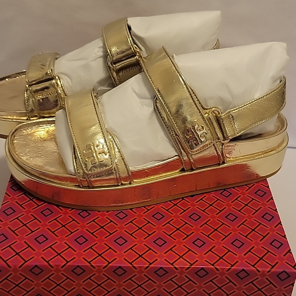 Tory Burch Gold Metallic Sandals Womens Size 10 New In Box - Picture 4 of 10
